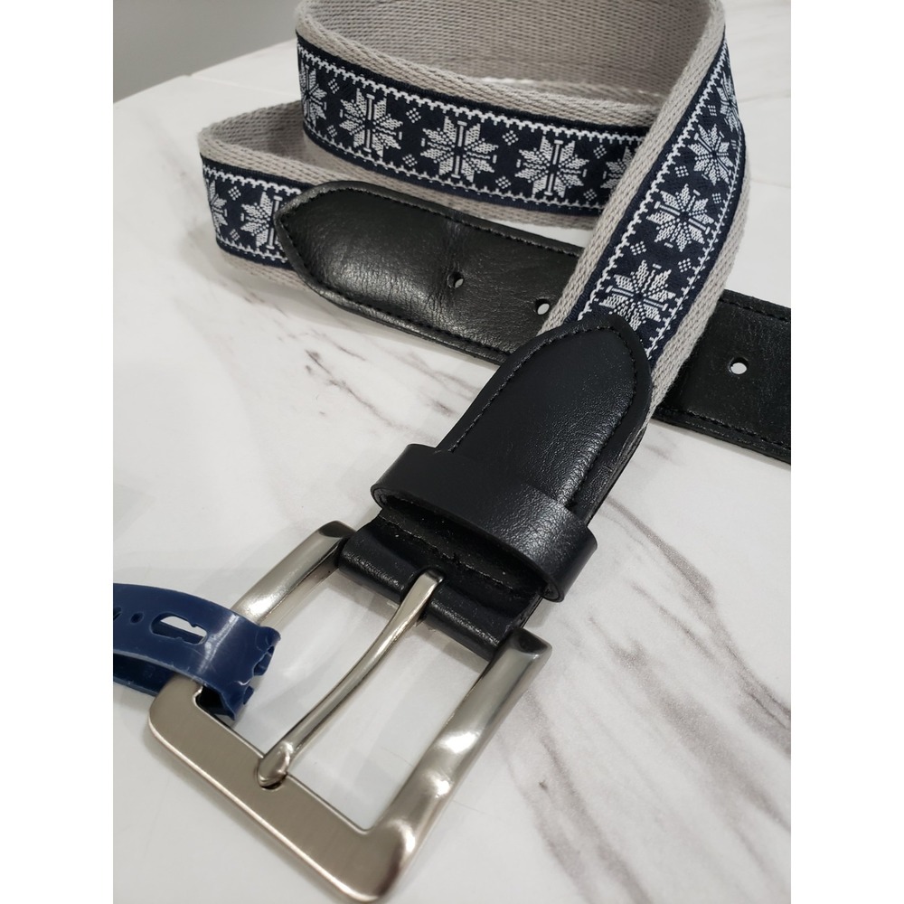 Club Room Faux Leather Holiday Fabric Belt Snowflake‎ Black Grey Christmas 34/36